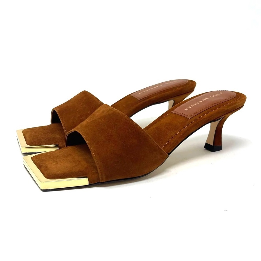 NIB Good American Standout Square Toe Tobacco Suede Mule Sandal